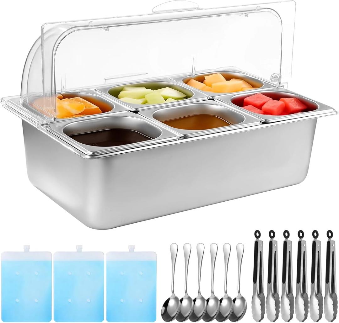 Cold Food Buffet Server - Countertop Chilled Condiment Container with 6 Pans & Flip Lid, Portable Salad Bar with Tongs, Spoons, and Ice Packs for Buffets, Parties