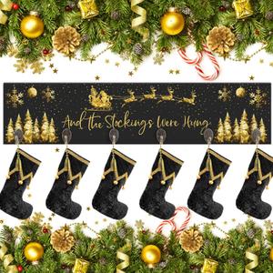 Soaoo Christmas Stocking Holder for Wall with 6 Hooks 24.4 x 5.7'' The Stockings were Hung Wood Hanging Sign Xmas Reindeer Socks Holder for Wall Xmas Decor Hooks Hangers for Fireplace(Black, Gold)