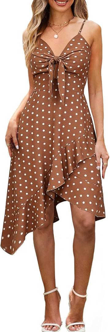 ECOWISH Polka Dot Women Summer Dress Midi A Line Ruffle High Low Sleeveless Boho Floral Halterneck Cocktail Tie Knot Sundress, S