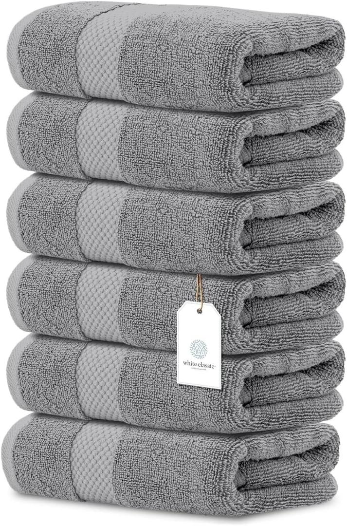 White Classic Luxury Light Gray Hand Towels - Soft 100% Turkish Cotton | Highly Absorbent Hotel spa Bathroom Towel Collection | 16x30 Inch | Set of 6 (02: Light Grey)