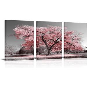 Visual Art Decor Pink Tree Canvas Wall Art Pink and Grey Room Decor Cherry Blossom Wall Art Modern Art Framed Ready to Hang Living Room Wall Decor 12x16inchx3 Piece