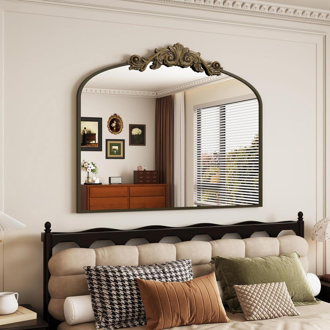 Vintage Wall Mirror, 30"x36" Arched Mirror for Vanity, Antique Decorative Mirrors with Carved Metal Frame for Bedroom, Living Room, Entryway, Fireplace, Hallway, Bronze