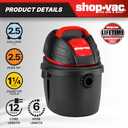 Shop-Vac 9303511 2.5 Gallon Wet Dry Vacuum, 2.5 Peak HP, 1.25 Inch Diameter x 4 Foot Hose, 12 Ft Cord Length, Wall Mounted, Includes Filters, Ideal for Jobsite, Garage, Car & Workshop