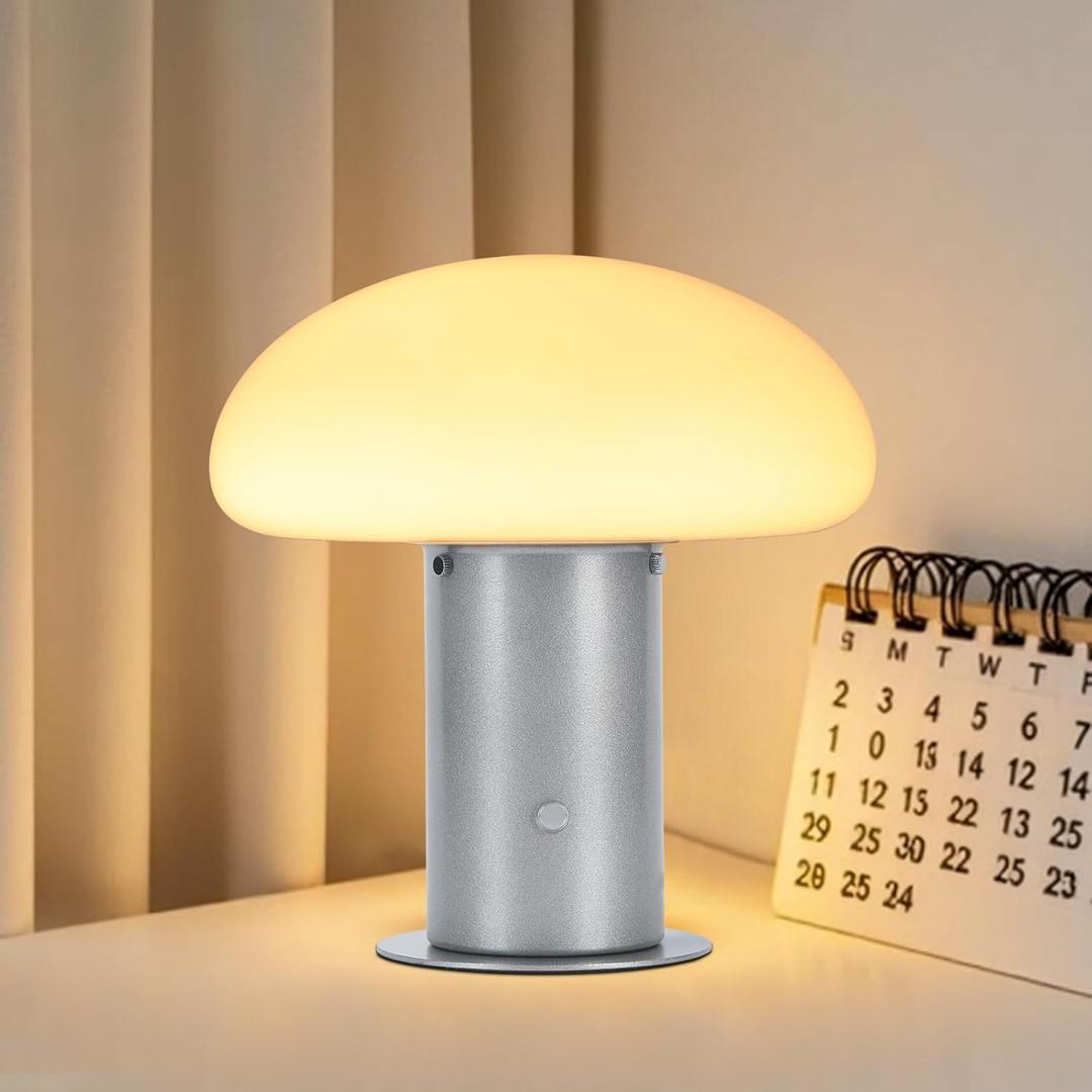 Mushroom Lamp, Retro Table Lamp with Touch Control Switch, 3 Way Dimmable Nightstand Lamp for Bedroom and Living Room, 6W LED Bulb Included (Silver)