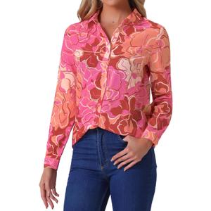 Allegra K Women's Button Down Shirt Work Office Tops Long Sleeve Point Collar Floral Blouse (Large)