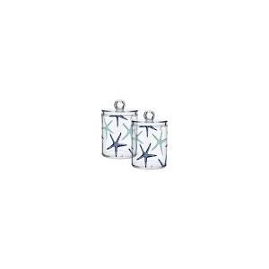 Bathroom Canister Set of 2, Beach Coastal Starfish Navy Blue and Turquoise Plastic Jars Holder Dispense Qtip Holder Storage Jars with Lids,Home Decor