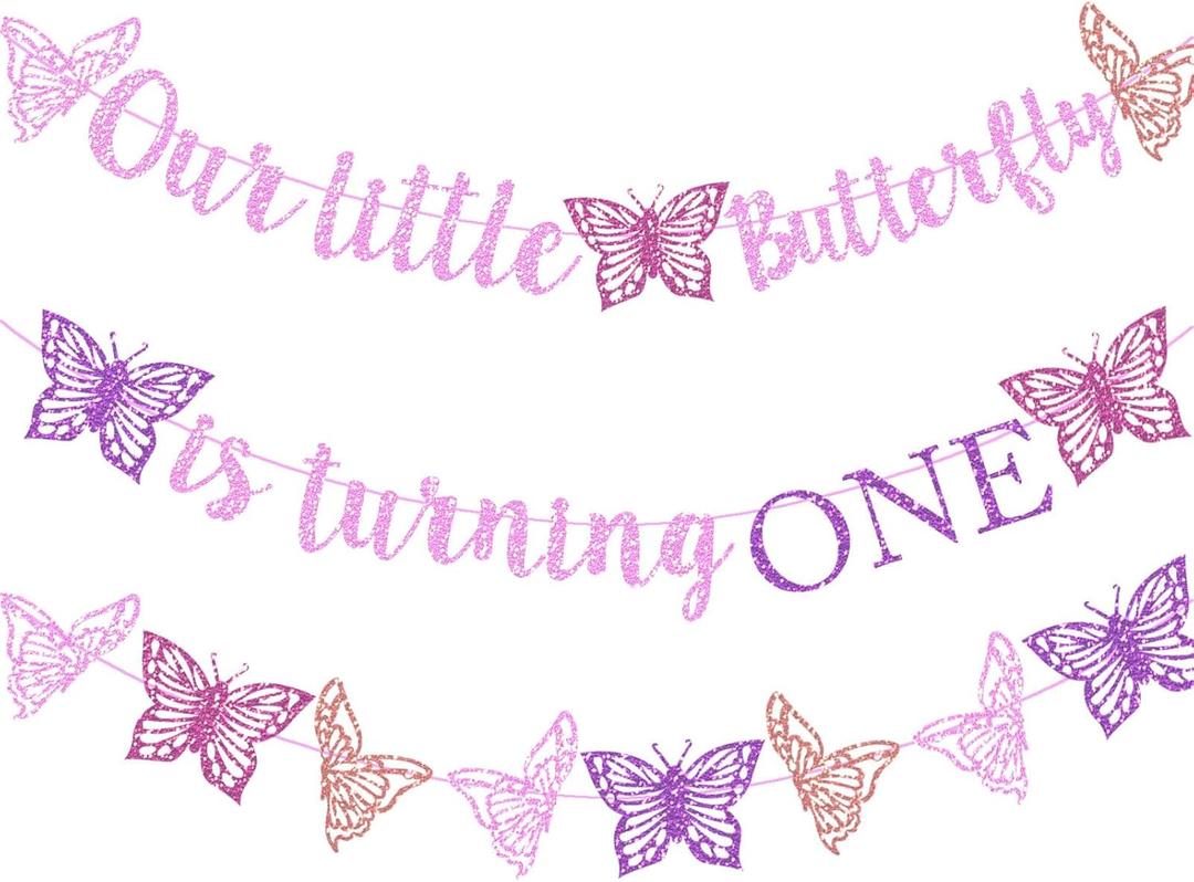 Our Little Butterfly is Turning One Banner Pink Glitter Butterfly 1st Birthday Banner for Spring Butterfly Girls One Year Old Birthday Baby Shower Party Supplies Decorations
