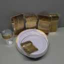 175 Pcs, 25 Guests, White Gold Trimmed Plates Large and Small, Forkes x2, Spoons, Knife, Mini Forks