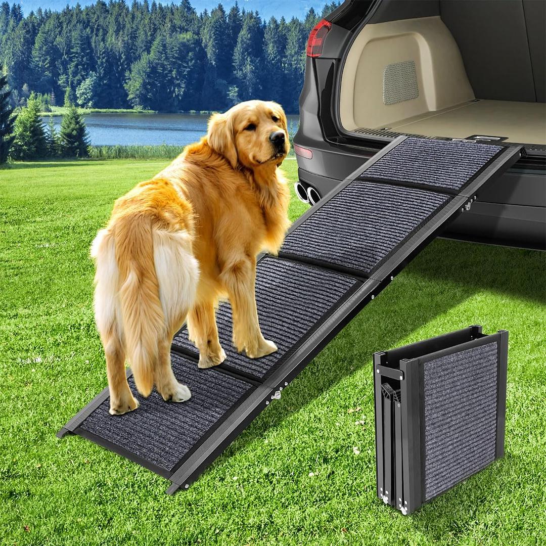 GaliGali Dog Ramp for Car, Portable Folding Pet Stair Ramp with Non-Slip Carpet, Wider Dog Stair Allows Medium to Large Dogs Up to 250 lbs to Enter Car, SUV and Truck, GALILVTI CA (63in*17.3in)