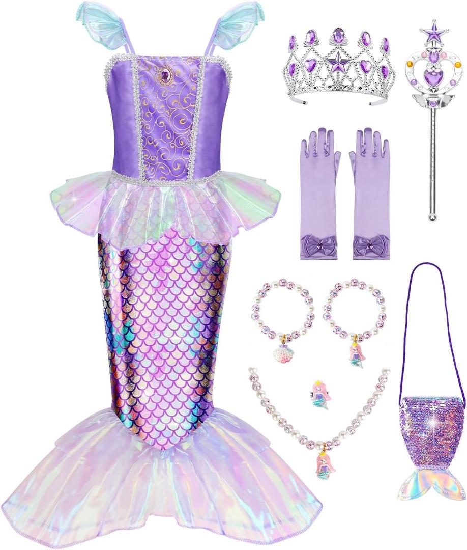 Meland Mermaid Dress - Little Mermaid Costume with Bag for Girls 3-10, Princess Dress Up for Birthday Gift, Halloween Costume