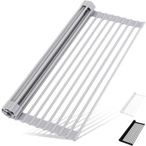 Roll Up Dish Drying Rack Over The Sink Kitchen Roll Up Sink Drying Rack Multipurpose Foldable Sink Drying Mat, Heat-Resistant, Anti-Slip & Anti-Rust Dish Rack for Kitchen, 20.5" x 13", Grey (Gray)