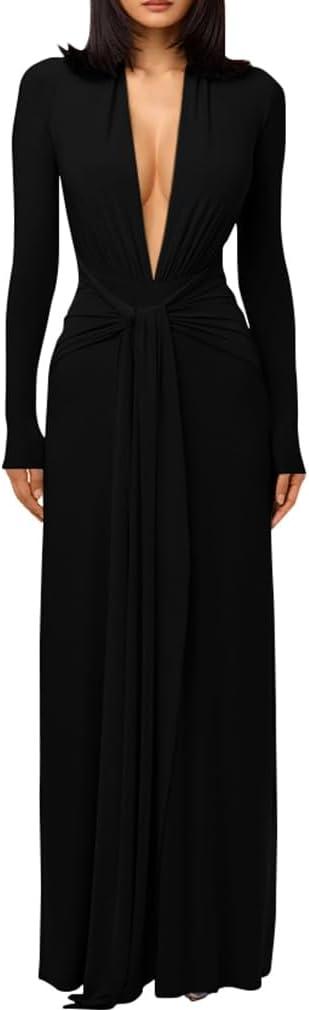 DAAWENXI Women's Sexy Deep V Neck Maxi Dress Long Sleeve Tie Wedding Guest Cocktail Evening Dresses (Black)