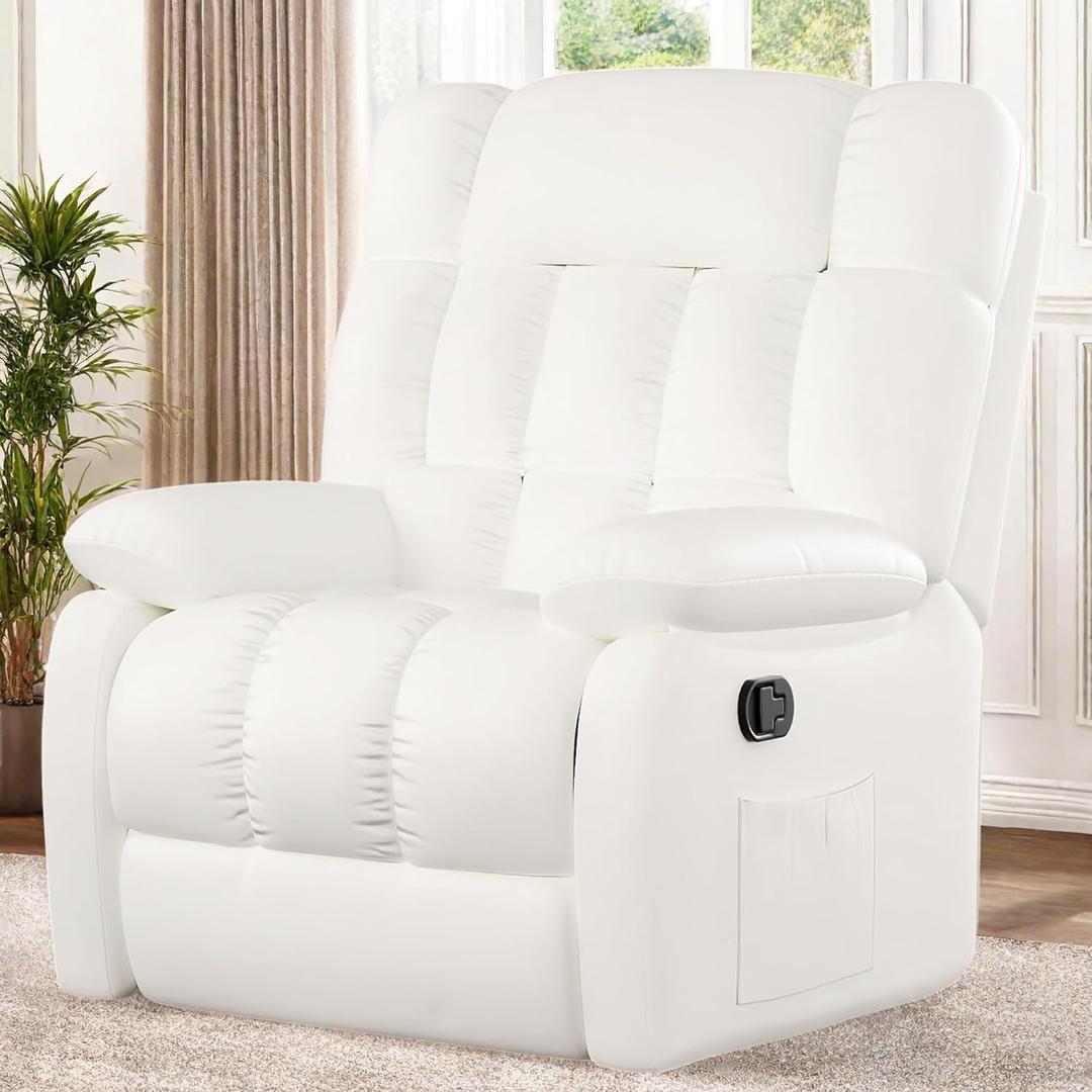 Recliner Chair, Leather Adjustable Recliner with Side Pockets, Living Room Power Reclining Lounge Chair for Adults, Small Spaces Comfy Sofa with Theater Seating for Bedroom, White
