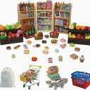 180Pcs Mini Shopping Cart Playset - Pretend Grocery Dollhouse Accessories Toys with Miniature Cash Register, 2 Fruit-Veggie Stands, 3 Shelves, 100+ Play Food - Educational Role Play Toys for Toddlers