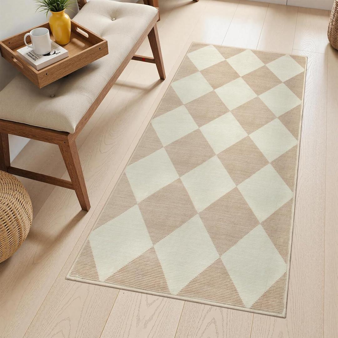 Beeiva Checkered Print Washable Runners for Hallways 2x4, Ultra Thin Beige Small Rugs for Entryway Low Pile Non Slip Bathroom Rug, Modern Geometric Decor Neutral Throw Rug for Kitchen Laundry Bedroom