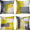 Set of 4 Linen Throw Pillow Cover Case Grey and Yellow Abstract Art Painting Decorative Pillow Cases Covers Home Decor Square 20 x 20 Inches Pillowcases