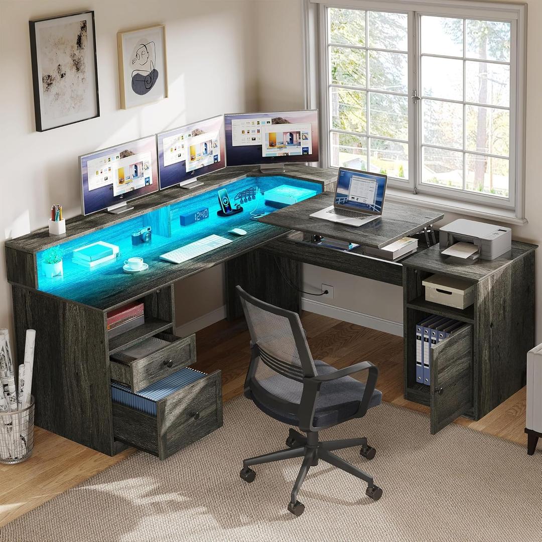 YITAHOME L Shaped Desk with Power Outlets & LED Lights, 60" Corner Computer Desk with Drawers & Lift Top, Home Office Desk with Monitor Stand & File Cabinet, Wood Height Adjustable Desk, Grey