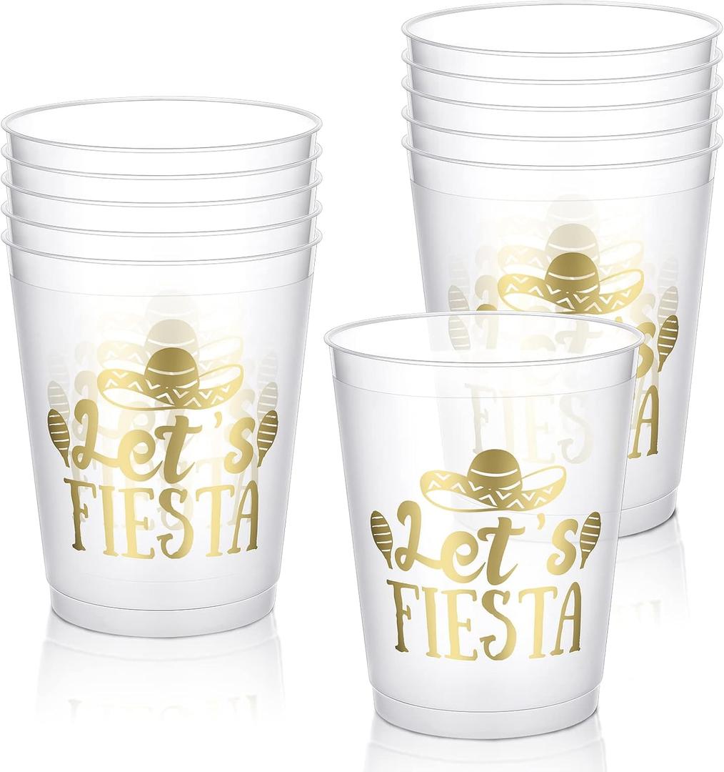 Mexican Let's Fiesta Cups Reusable Fiesta Party Clear Drinking Plastic Cup for Taco Party Supplies Birthday Decorations Mexican Cups (12 Pcs 16 oz)