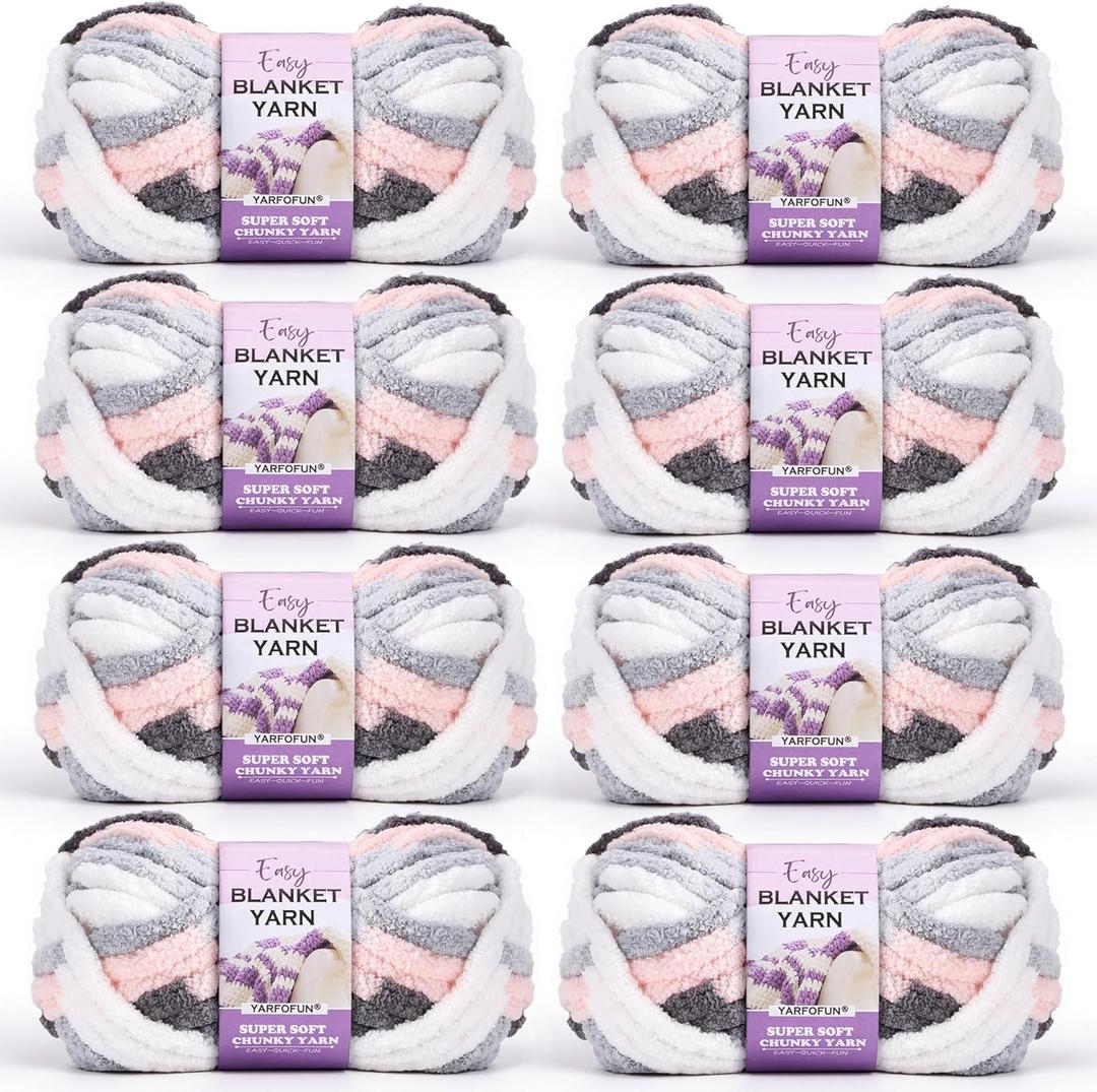 Super Soft Chunky Chenille Yarn for Crocheting,Rainbow Fluffy Velvet Plush Thick Soft Chunky Chenille Baby Blanket Yarn for Crocheting Knitting Beginners 8 * 100g(Pink White Grey