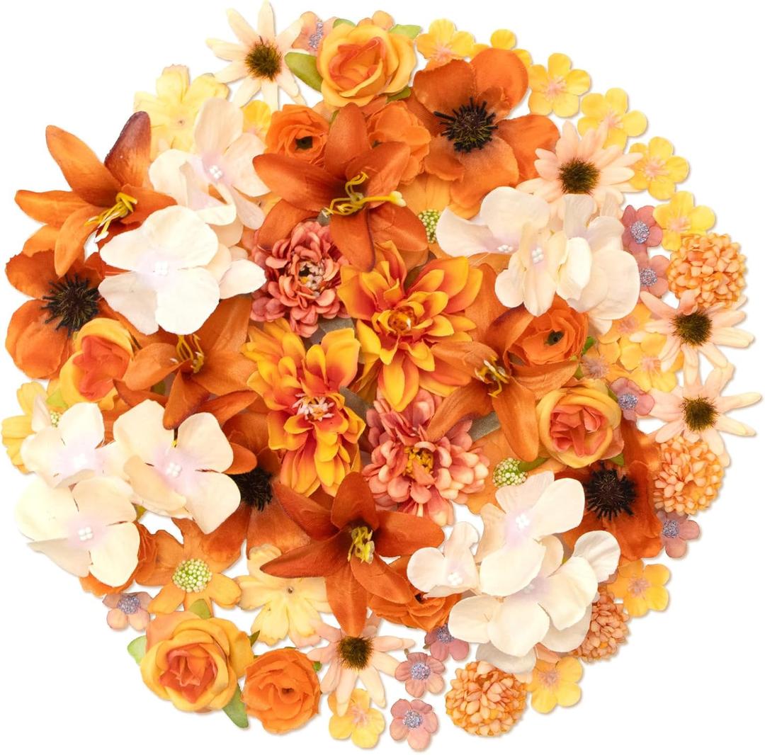 Faux Flower Heads Mini Orange Artificial Flower Heads Fake Flowers Combo with Stems Rose Peony Dahlia Daisy Small Silk Flower Heads for Craft DIY Garland Wedding Party Baby Shower Home Decor, 80Pcs