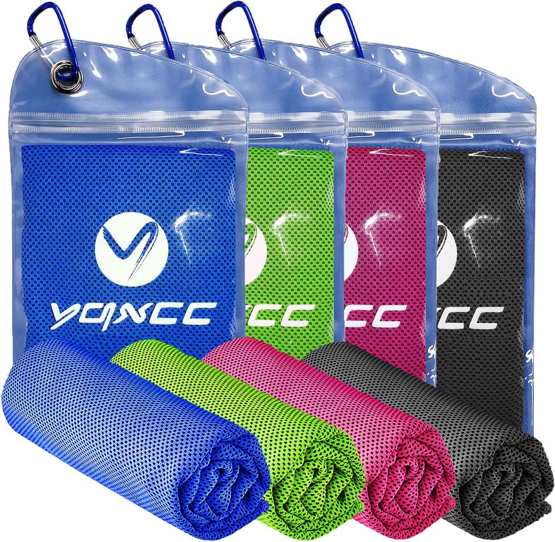 YQXCC Cooling Towels | 4 Pack 47"x12" | Ice Cool for Neck | Microfiber Soft Breathable Chilly | for Yoga, Sports, Golf, Gym, Camping, Running, Fitness, Workout & More Activities (Dark Blue/Dark Gray/Rose Red/Green)