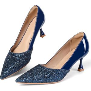 Women's Kitten High Heels 2 Inch Sequin Pointed Toe Leather Pumps Comfortable Slip On Wedding Party Dress Stilettos Shoes, Blue Glitters, US 10