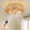Siljoy 24" Boho Ceiling Fan Light and Remote, Rattan Chandelier Ceiling Fan Light, Gold Caged Fandelier with Lights Flush Mount, 6 Wind Speeds for Bedroom, Living Room, Dining Room, 23.6 Inch