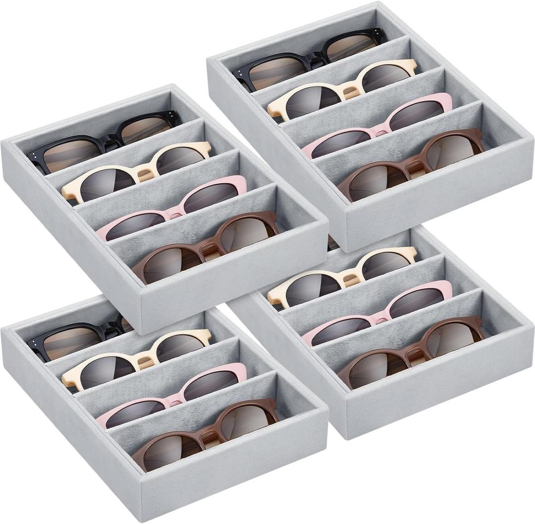Amylove 4 Pcs Gray Sunglass Organizer Trays 4 Grids Velvet Glasses Holder Jewelry Display Organizer Eyeglasses Storage Box Drawer