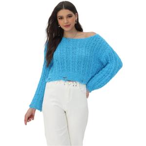 2025 Fall Cropped Sweater for Women Off The Shoulder Pullover Fluffy Knit Fashion Crop Top Holes Design (Blue)