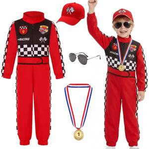 Race Car Driver Costume for Boys Racer Jumpsuit with Car Cap for Halloween Dress Up
