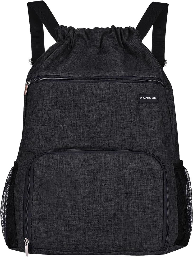 Drawstring Backpack with Wet Pocket & Shoe Compartment, Water-Resistant Sports Gym Swim String Bag for Women Men(Black)