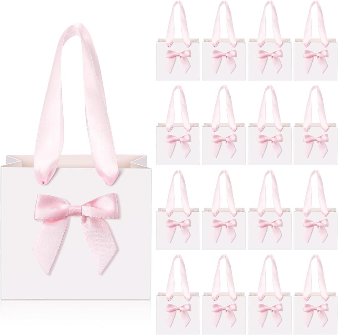Kolldenn 50 Pcs No DIY Small Gift Bags with Pink Bow Ribbon 4''x2.7''x4.5'' Mini White Paper Thank You Bags Bulk with Handle for Christmas Baby Shower Wedding Party Favor Birthday Return Guests