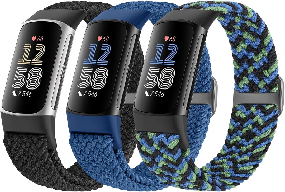 Braided Solo Loop Bands Compatible with Fitbit Charge 6/Charge 5, Adjustable Stretchy Nylon Woven Replacement Wristbands for Fitbit Charge 6/Charge 5 for Women Men (Black+Atlantic Blue+Camouflage Blue)