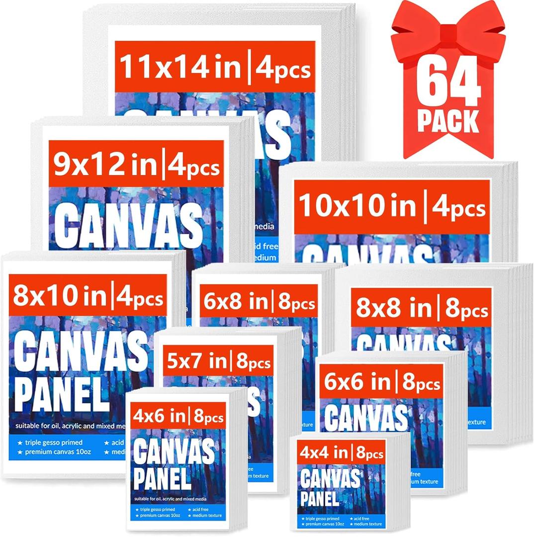 Canvas for Painting, 64 Pack Multi-Size Painting Canvas Board Art Supplies for Adult, Kid&Artist, 4x4 4x6 5x7 6x6 6x8 8x8 8x10 10x10 9x12 11x14 Primed Canvases for Acrylic, Oil, Watercolor