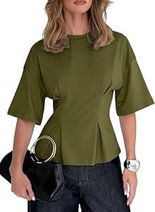 Dokotoo Womens Summer Tops 2026 Ruffle Slim Fit Peplum Tops Going Out Short Sleeve Summer T Shirt Fashion Clothing Outfits Green X-Small
