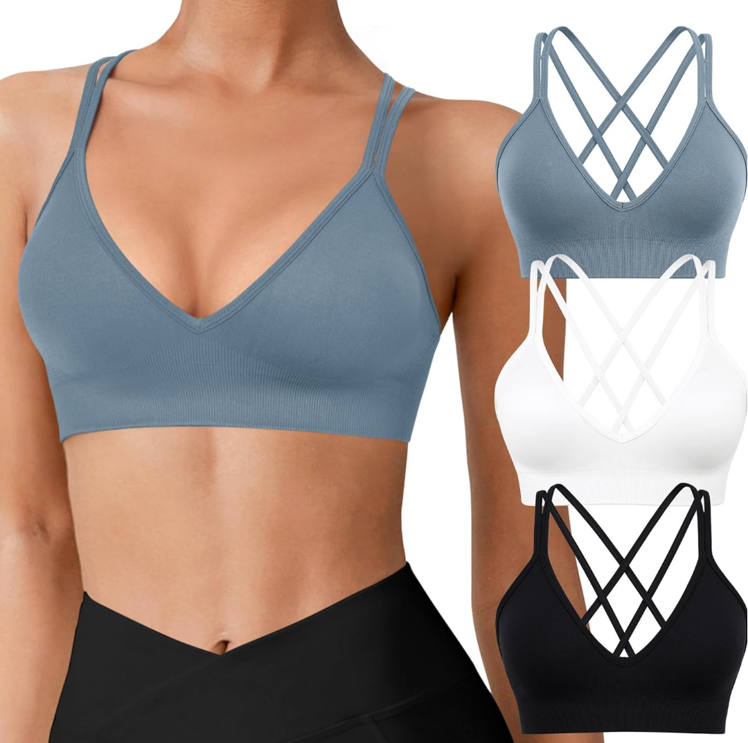 VEQING Seamless V-Neck Women Sports Bras, Padded Cross Back Wireless Low Impact Workout Yoga Bras for Small Chests, 2 Pack