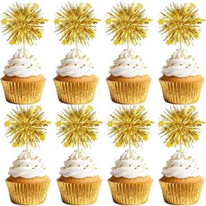 Foil Firework Cupcake Toppers, 30 PCS Gold Birthday Cupcake Toppers Cake Decorations, Sparkle Tinsel Star Cupcakes Picks for New Years Decorations 2026, Graduation, Birthday Party Decoration Supplies