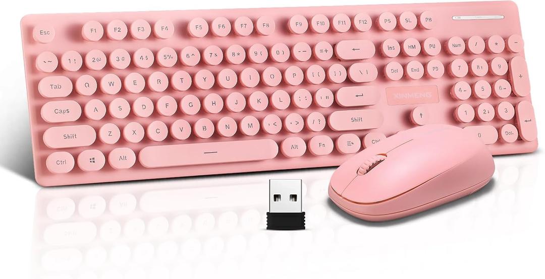 Wireless Keyboard and Mouse Combo, Full Size Compact Quiet Wireless Keyboard and Mouse Set 2.4G Ultra-Thin Sleek Design for Windows, Computer, Desktop, PC, Notebook, Laptop,Round Keys Pink