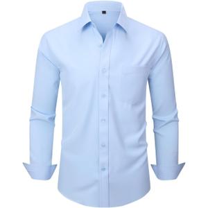 Men's Dress Shirts Long Sleeve Button Down Shirt Business Formal Stretch Shirt Regular Fit with Pockets (Blue, L)