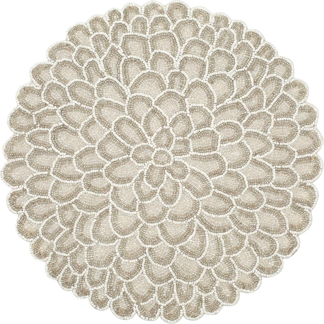ALPHA Living HOME Handmade Beaded Placemats - 13 Inch Round Dining Table Mats - Elegant Glass Beads with Cotton Backing - Decorative Tableware for Weddings, Holidays, and Home Dcor - Silver