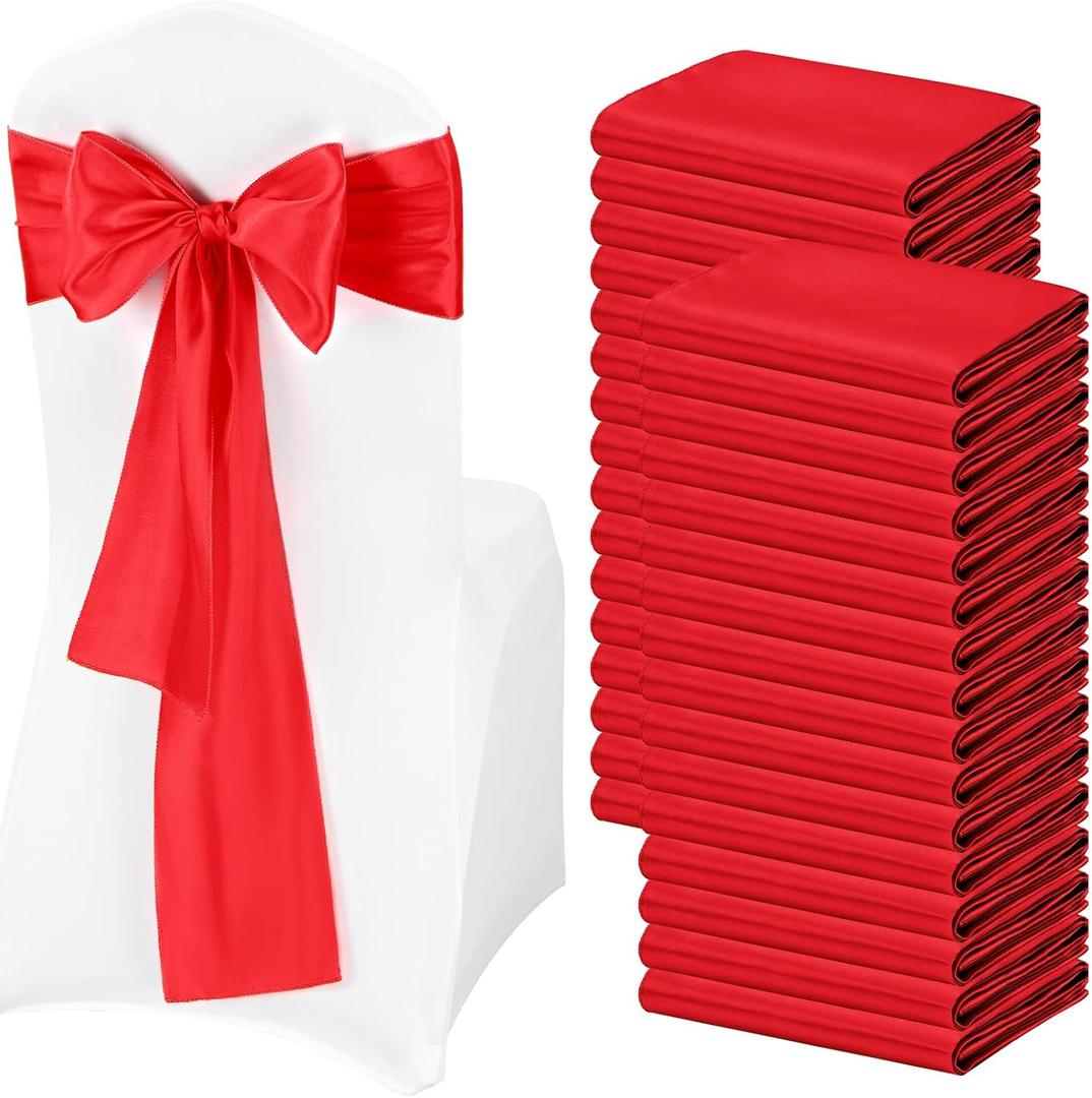 100 PCS Red Satin Chair Sashes, Red Chair Sash Satin Chair Cover Back Tie Supplies Chair Sashes Bows for Party Ceremony Banquet Chairs Decoration