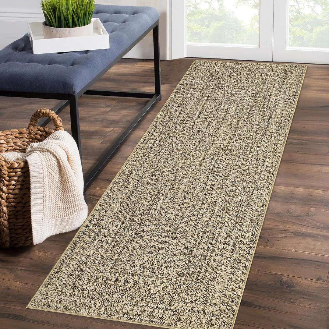 ROYHOME Runner Rug Print Braided Hallway Runner Washable Area Rug, Stain Resistant Non-Slip Farmhouse Printed Textured Carpet Floor Cover for Entryway Bedroom Kitchen, Linen, 2' x 6'