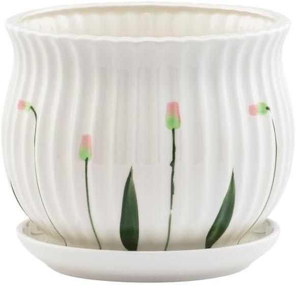 Napco Vintage Cottage Ceramic Planter with Drainage & Saucer White Ribbed Flower Pot with Pink Bud Floral Design, Large 7.5 x 7.75 Inch for House Plants, Succulents & Herbs