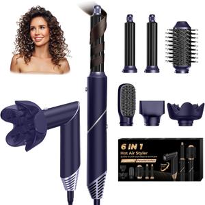 6 in 1 Hair Dryer Brush, Foldable Blow Dryer Brush with Wrap Curler, Detachable Air Hair Styler Curling, Drying,Volumizing, Straightening, Negative Ionic Hair Dryer with Diffuser, Hair Styling Tools (Blue)
