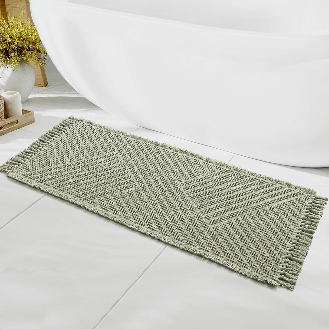H.VERSAILTEX Waffle Bath Runner Rug Long Bath Mat Super Absorbent Boho Bath Rugs Non Slip Bath Runner for Bathroom Floor Machine Washable Dry Fast Bathroom Rugs with Tassels, 24" x 60", Sage