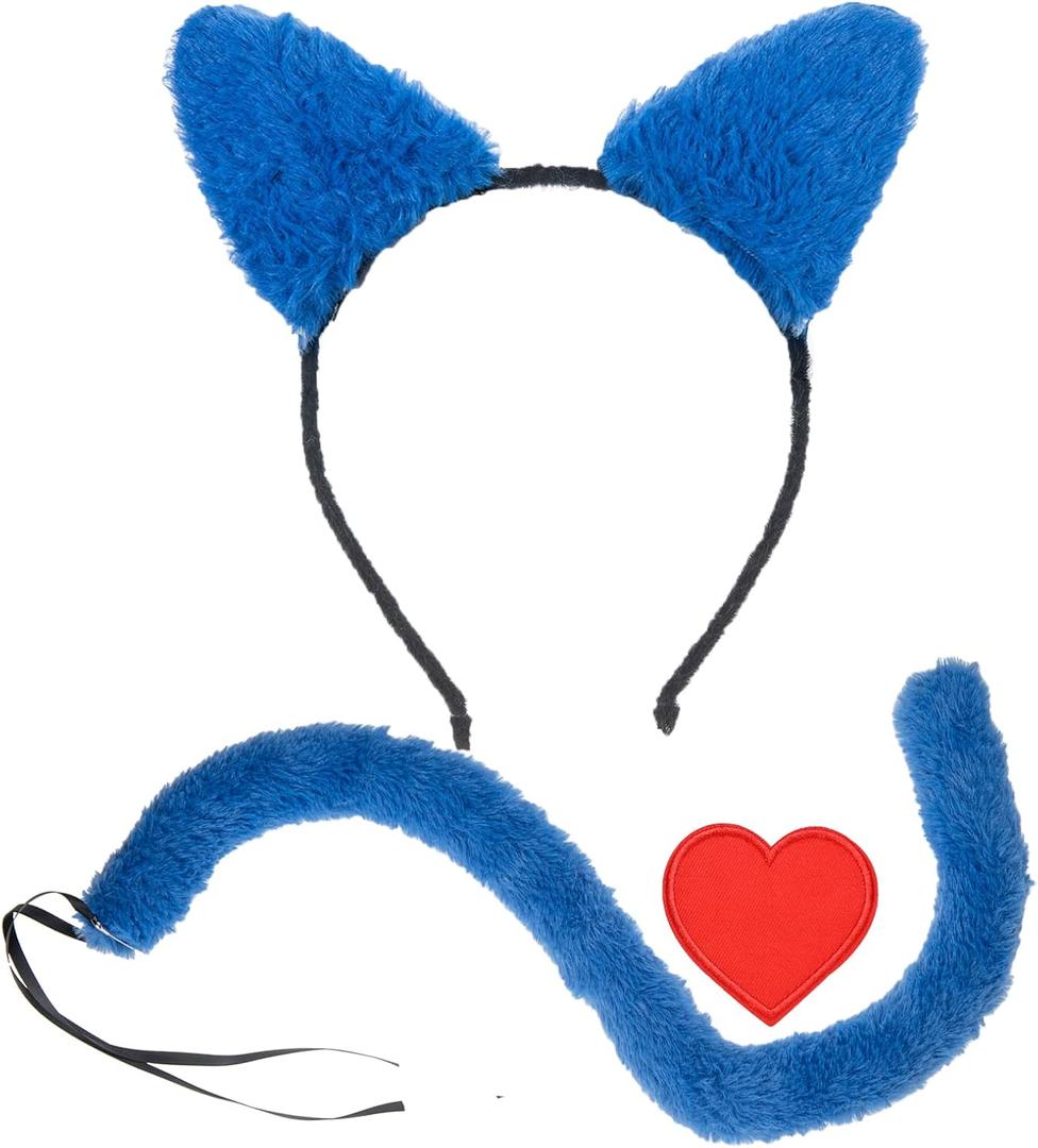Merroyal Cat Ears Headband Balck Tail Set Halloween Accessory Cat Costume Accessories (Blue Headband+tail+love Clip)