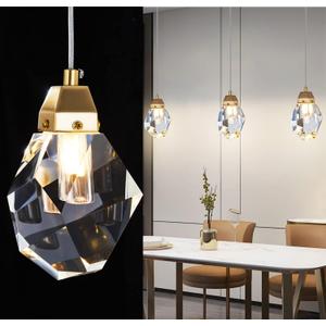 Diamond Crystal Pendant Light, 2 Pack Mini Ceiling Hanging Light in Gold Brushed Brass Finish Prism Crystal Color Changing Led Hanging Light for Kitchen Island Bathroom Bedroom Bar