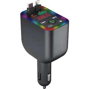 Retractable 120W Fast Car Charger for iPhone with Type C Cables, Bluetooth FM Transmitter Car Adapter Handsfree Call Audio Receiver Radio Transmitter MP3 Player LED Backlit Support USB (Y3)