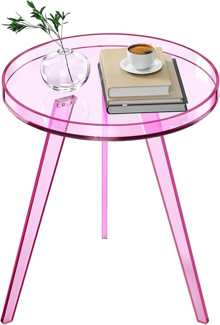 Clear Acrylic Side Table, Round End Table Nightstand Bedside Table Small Circle with Tray for Living Room Bedroom Office Small Space (Pink), 15.7 inches x 15.7 inches x 18.1 inches