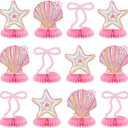 12 Pcs Pink Bow & Seashell Birthday Party Table Decor, Pink Bow Honeycomb Centerpieces, 3D Coquette Starfish Seashell Pearl Table Topper for Birthday Bachelorette Bridal Wedding Party Supplies
